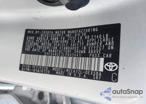 2020 Toyota Corolla Se z USA, uszkodzony, nr VIN 5YFS4RCE3LP042441